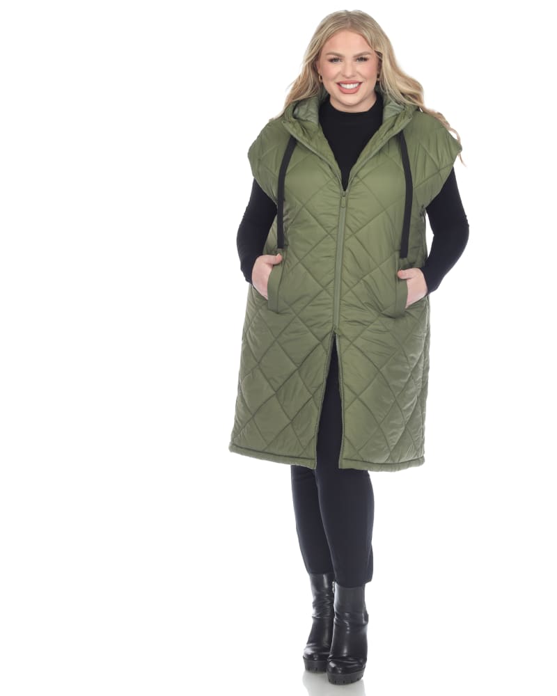 Front of a model wearing a size 1X Women's Diamond Quilted Hooded Puffer Vest in Olive by White Mark. | dia_product_style_image_id:306470